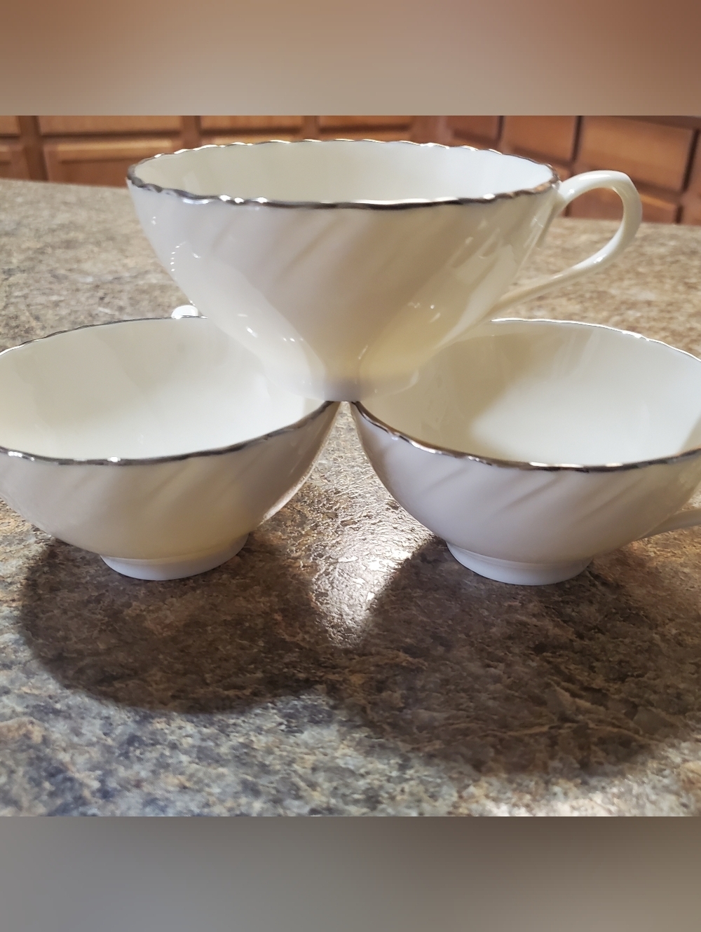 LENOX WEATHERLY IVORY SET OF 3 TEA CUPS. EMBOSSED SWIRL PLATINUM SILVER TRIM